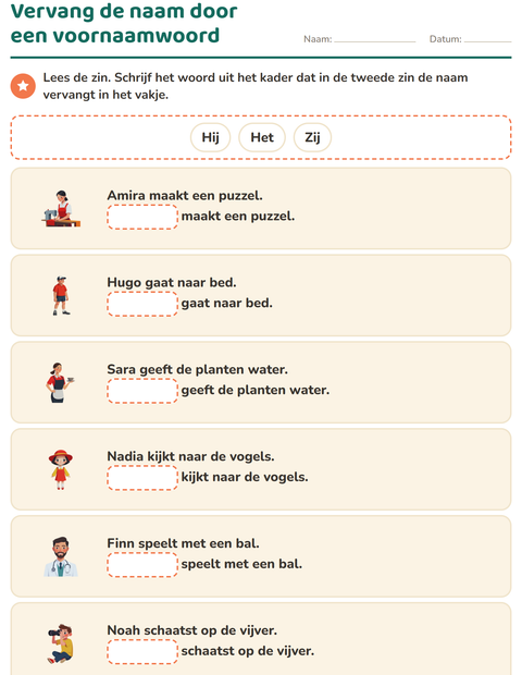 Voorbeeld van het Hij, zij of het-werkblad voor groep 3