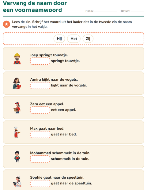 Voorbeeld van het Hij, zij of het-werkblad voor groep 3