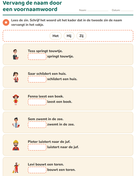 Voorbeeld van het Hij, zij of het-werkblad voor groep 3
