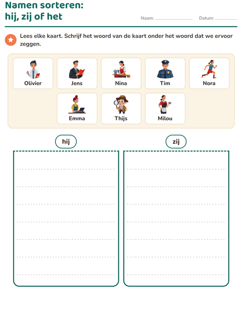 Voorbeeld van het Hij, zij of het-werkblad voor groep 3