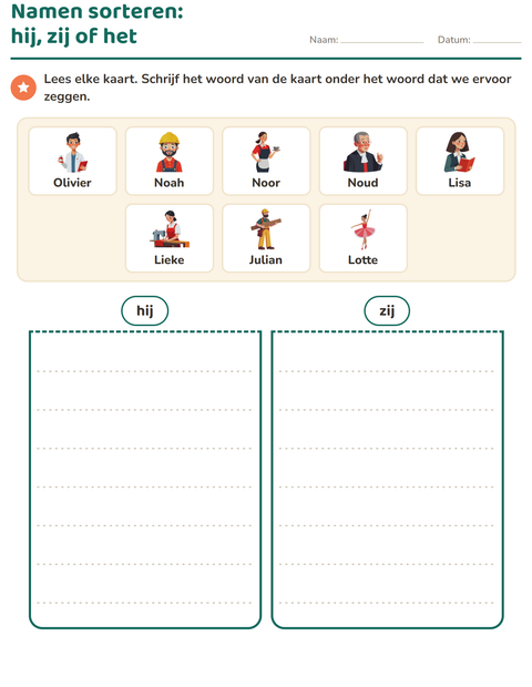 Voorbeeld van het Hij, zij of het-werkblad voor groep 3
