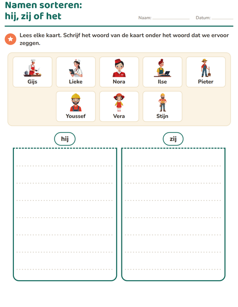 Voorbeeld van het Hij, zij of het-werkblad voor groep 3
