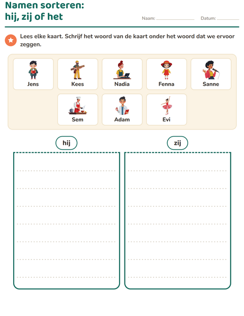 Voorbeeld van het Hij, zij of het-werkblad voor groep 3