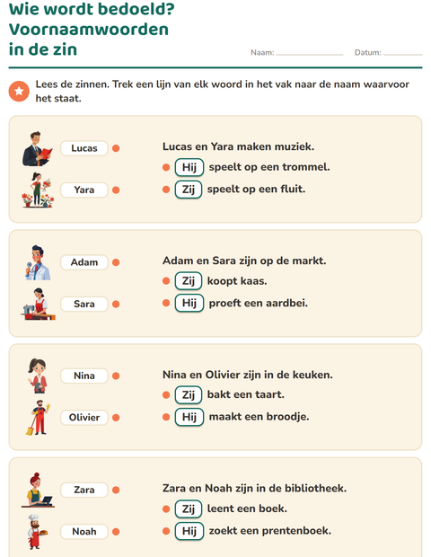 Voorbeeld van het Hij, zij of het-werkblad voor groep 4