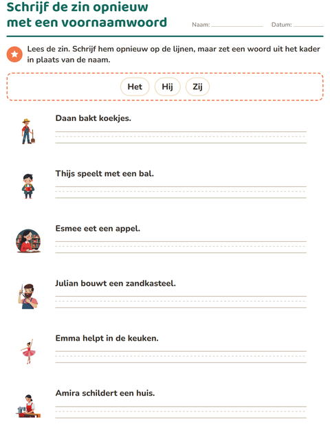Voorbeeld van het Hij, zij of het-werkblad voor groep 4