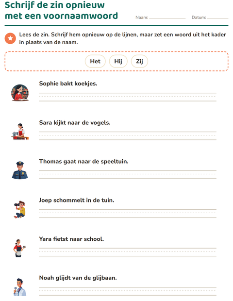 Voorbeeld van het Hij, zij of het-werkblad voor groep 4