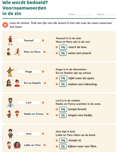 Voorbeeld van het Hij, zij of het-werkblad voor groep 4