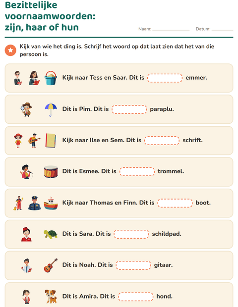 Voorbeeld van het Hij, zij of het-werkblad voor groep 4