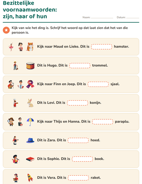Voorbeeld van het Hij, zij of het-werkblad voor groep 4