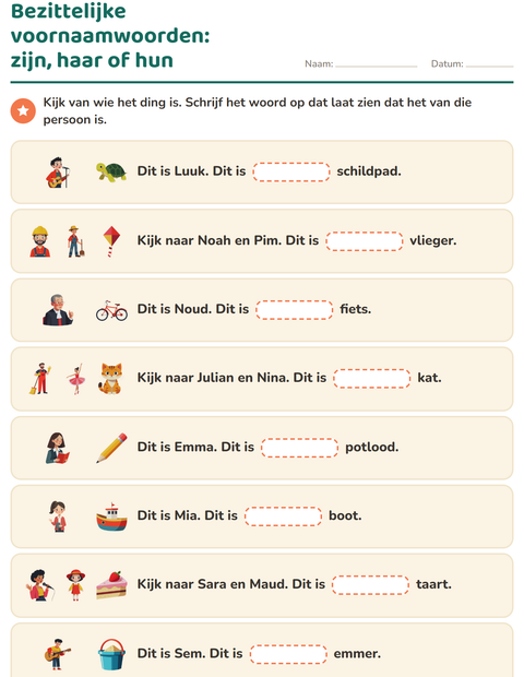 Voorbeeld van het Hij, zij of het-werkblad voor groep 4
