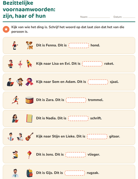 Voorbeeld van het Hij, zij of het-werkblad voor groep 4