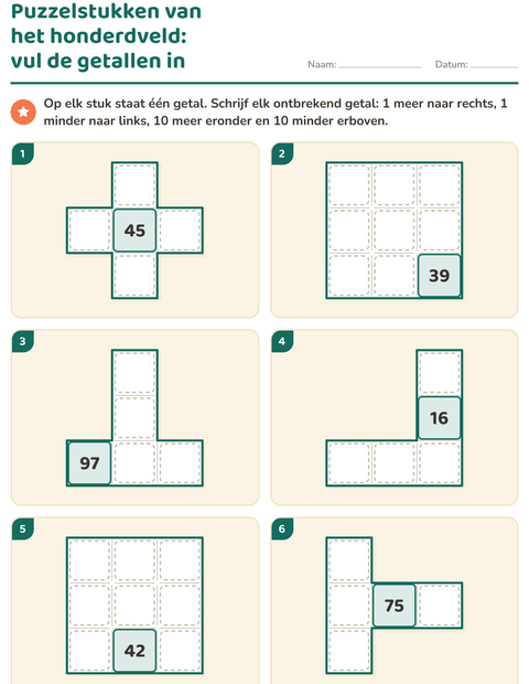 Voorbeeld van het Honderdveld puzzels-werkblad voor groep 3