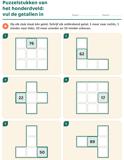 Honderdveld puzzelstukken: vul de getallen in