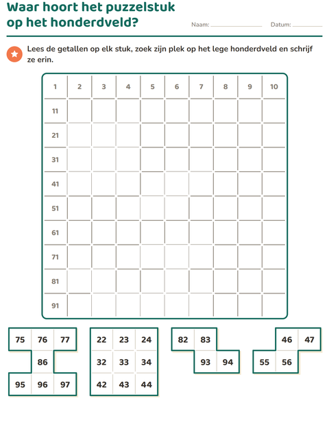 Voorbeeld van het Honderdveld puzzels-werkblad voor groep 3