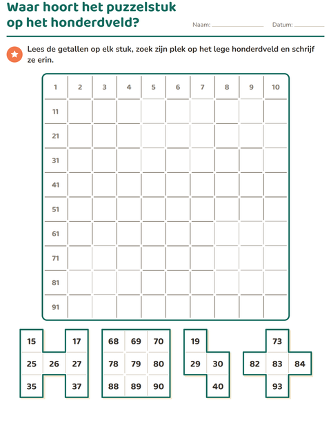 Voorbeeld van het Honderdveld puzzels-werkblad voor groep 3