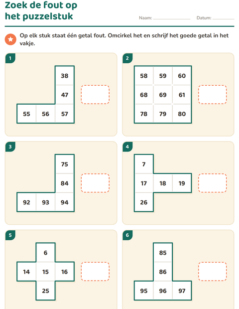 Voorbeeld van het Honderdveld puzzels-werkblad voor groep 3