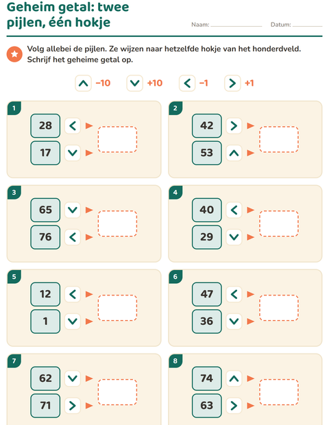 Voorbeeld van het Honderdveld puzzels-werkblad voor groep 4