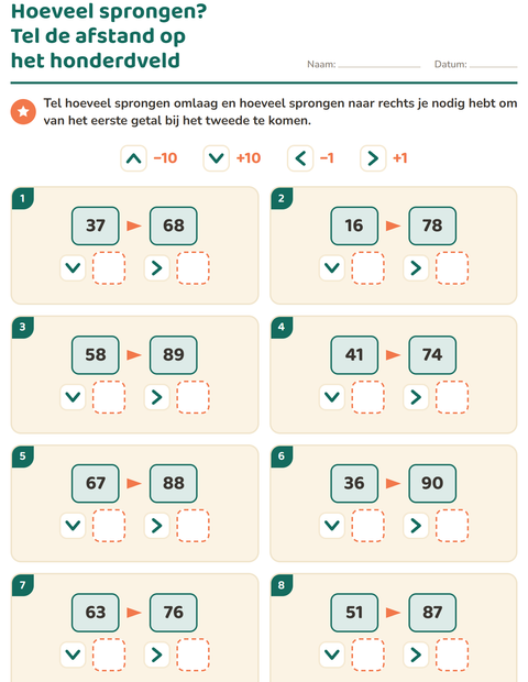 Voorbeeld van het Honderdveld puzzels-werkblad voor groep 4