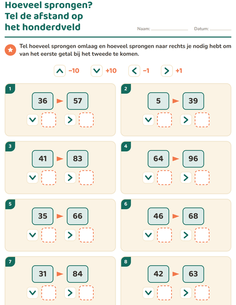 Voorbeeld van het Honderdveld puzzels-werkblad voor groep 4
