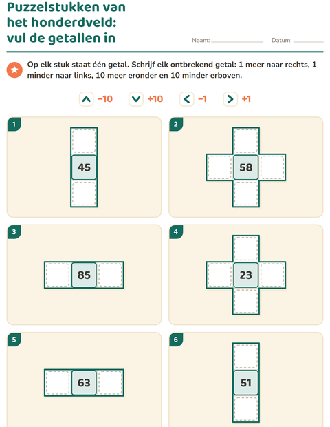 Voorbeeld van het Honderdveld puzzels-werkblad voor groep 3