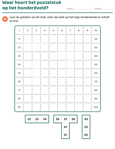 Voorbeeld van het Honderdveld puzzels-werkblad voor groep 3