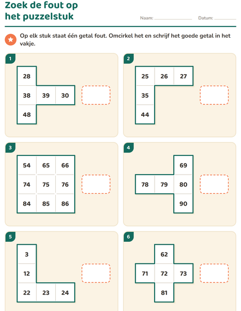 Voorbeeld van het Honderdveld puzzels-werkblad voor groep 3