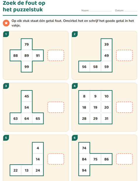 Voorbeeld van het Honderdveld puzzels-werkblad voor groep 3