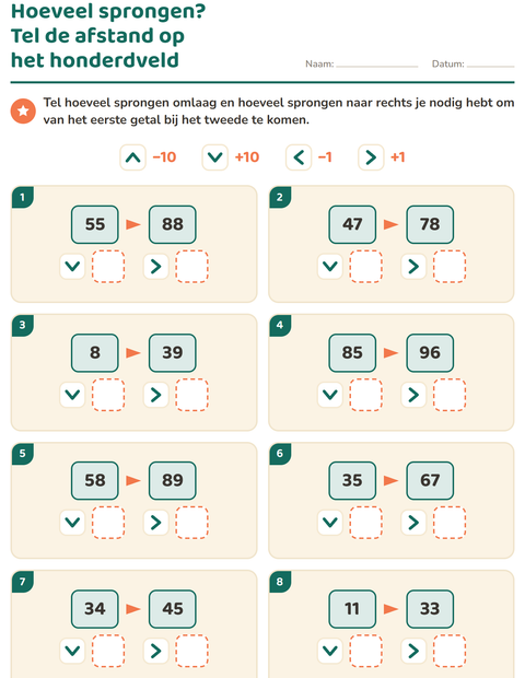 Voorbeeld van het Honderdveld puzzels-werkblad voor groep 4