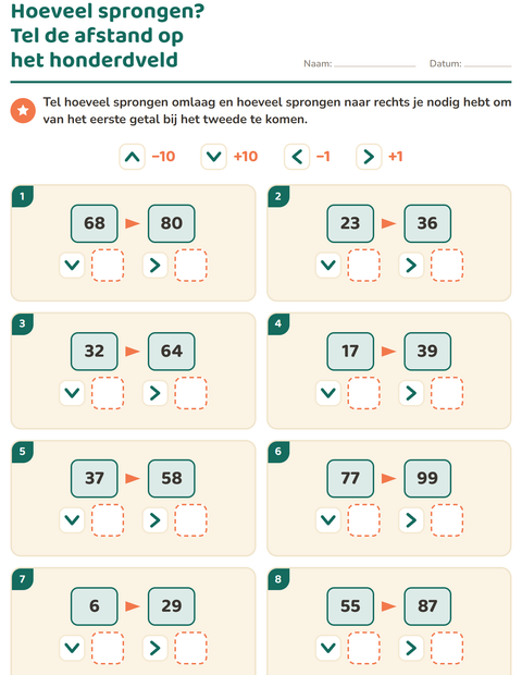 Voorbeeld van het Honderdveld puzzels-werkblad voor groep 4