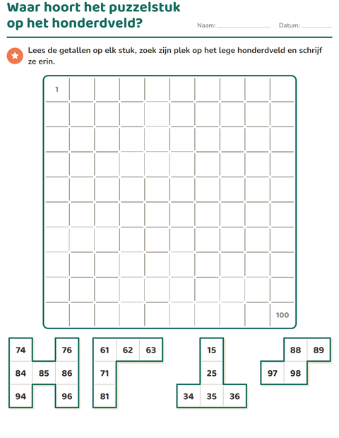 Voorbeeld van het Honderdveld puzzels-werkblad voor groep 3