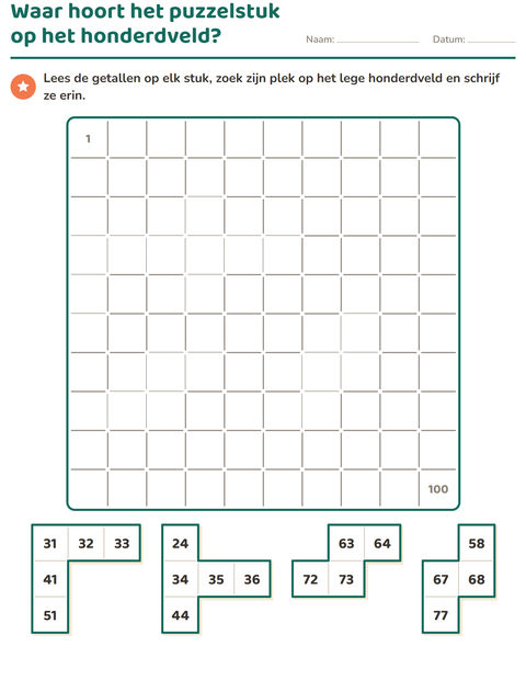 Voorbeeld van het Honderdveld puzzels-werkblad voor groep 3