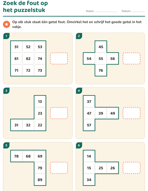 Voorbeeld van het Honderdveld puzzels-werkblad voor groep 3