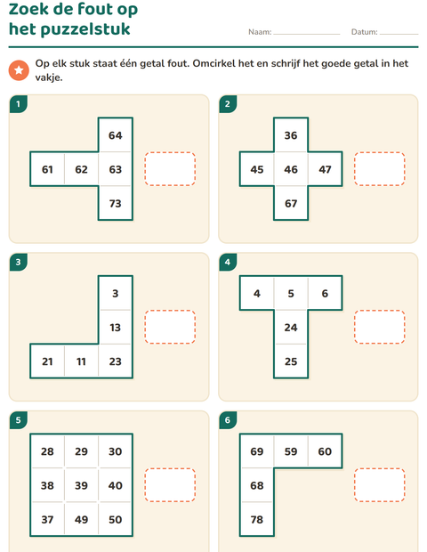Voorbeeld van het Honderdveld puzzels-werkblad voor groep 3