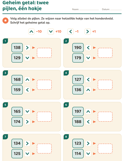 Voorbeeld van het Honderdveld puzzels-werkblad voor groep 4