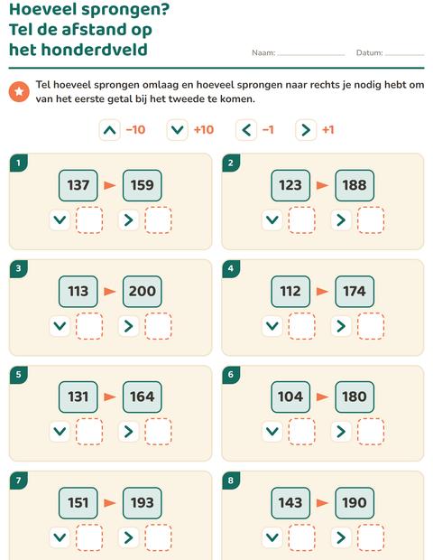 Voorbeeld van het Honderdveld puzzels-werkblad voor groep 4