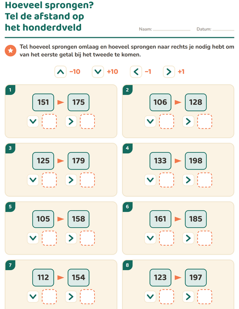 Voorbeeld van het Honderdveld puzzels-werkblad voor groep 4