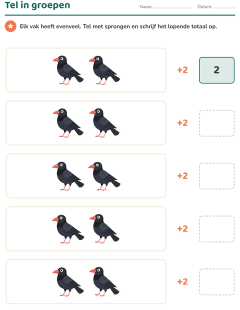 Voorbeeld van het Honderdveld-werkblad met Vogels 2 voor groep 3