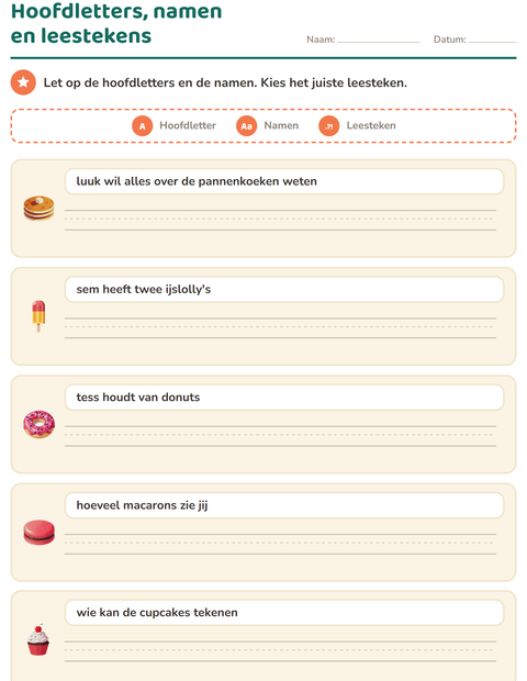 Voorbeeld van het Hoofdletters en leestekens-werkblad met Desserts en snoep voor groep 4
