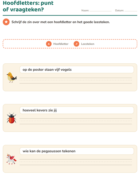 Voorbeeld van het Hoofdletters en leestekens-werkblad met Dingen die vliegen voor groep 4