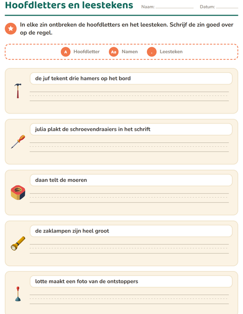 Voorbeeld van het Hoofdletters en leestekens-werkblad met Gereedschap voor groep 4