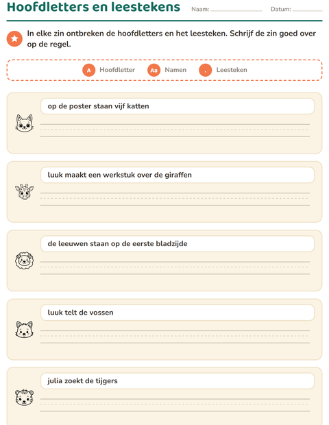 Voorbeeld van het Hoofdletters en leestekens-werkblad met Gezichten ZW voor groep 4