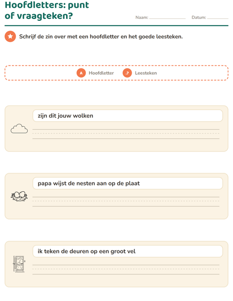 Voorbeeld van het Hoofdletters en leestekens-werkblad met Huis en Natuur ZW voor groep 4