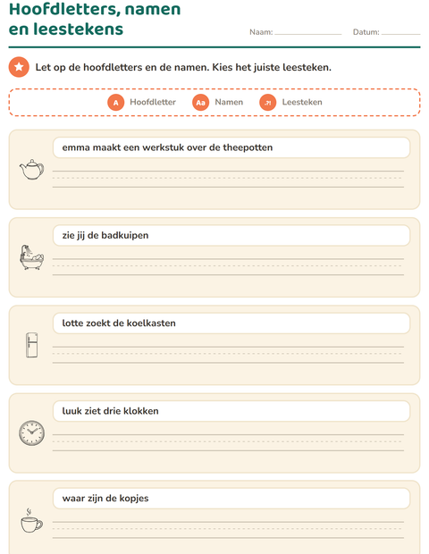 Voorbeeld van het Hoofdletters en leestekens-werkblad met Huis ZW voor groep 4