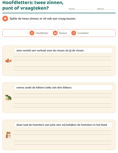 Voorbeeld van het Hoofdletters en leestekens-werkblad met Huisdieren voor groep 4