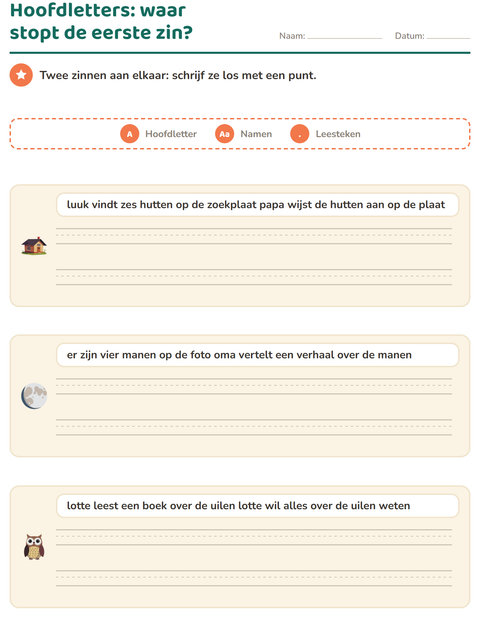 Voorbeeld van het Hoofdletters en leestekens-werkblad met Kamperen voor groep 4