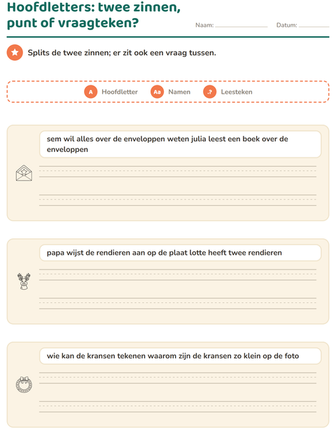 Voorbeeld van het Hoofdletters en leestekens-werkblad met Kerstmis Z/W voor groep 4