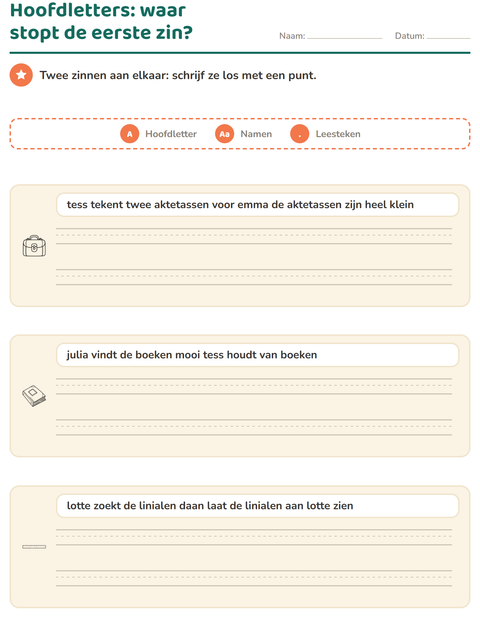 Voorbeeld van het Hoofdletters en leestekens-werkblad met Klaslokaal (Z/W) voor groep 4