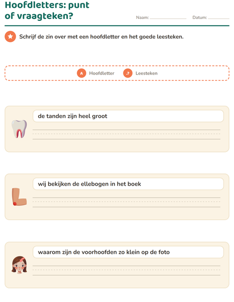 Voorbeeld van het Hoofdletters en leestekens-werkblad met Lichaamsdelen voor groep 4