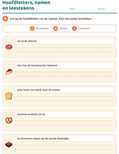 Voorbeeld van het Hoofdletters en leestekens-werkblad met Bakkerij voor groep 4