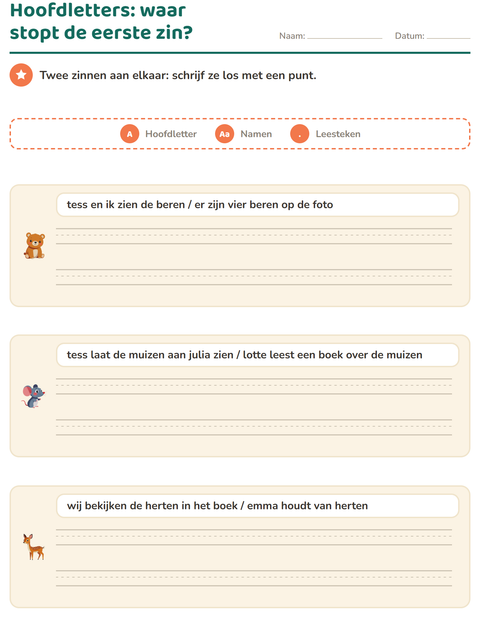 Voorbeeld van het Hoofdletters en leestekens-werkblad met Boswezens voor groep 4
